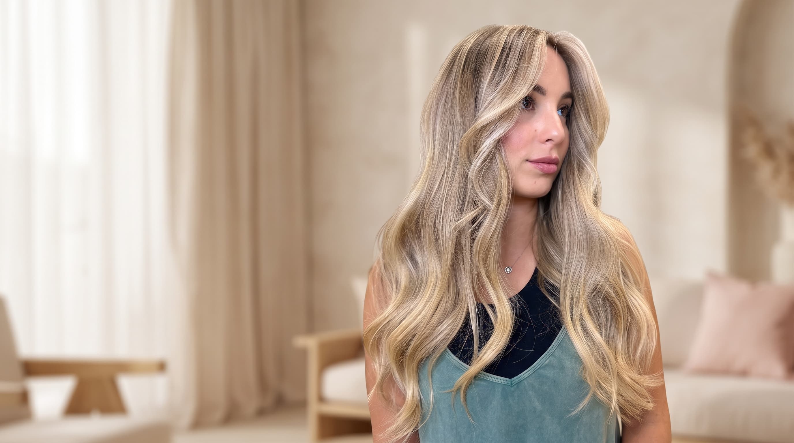 Client with long, soft blonde balayage and face-framing pieces