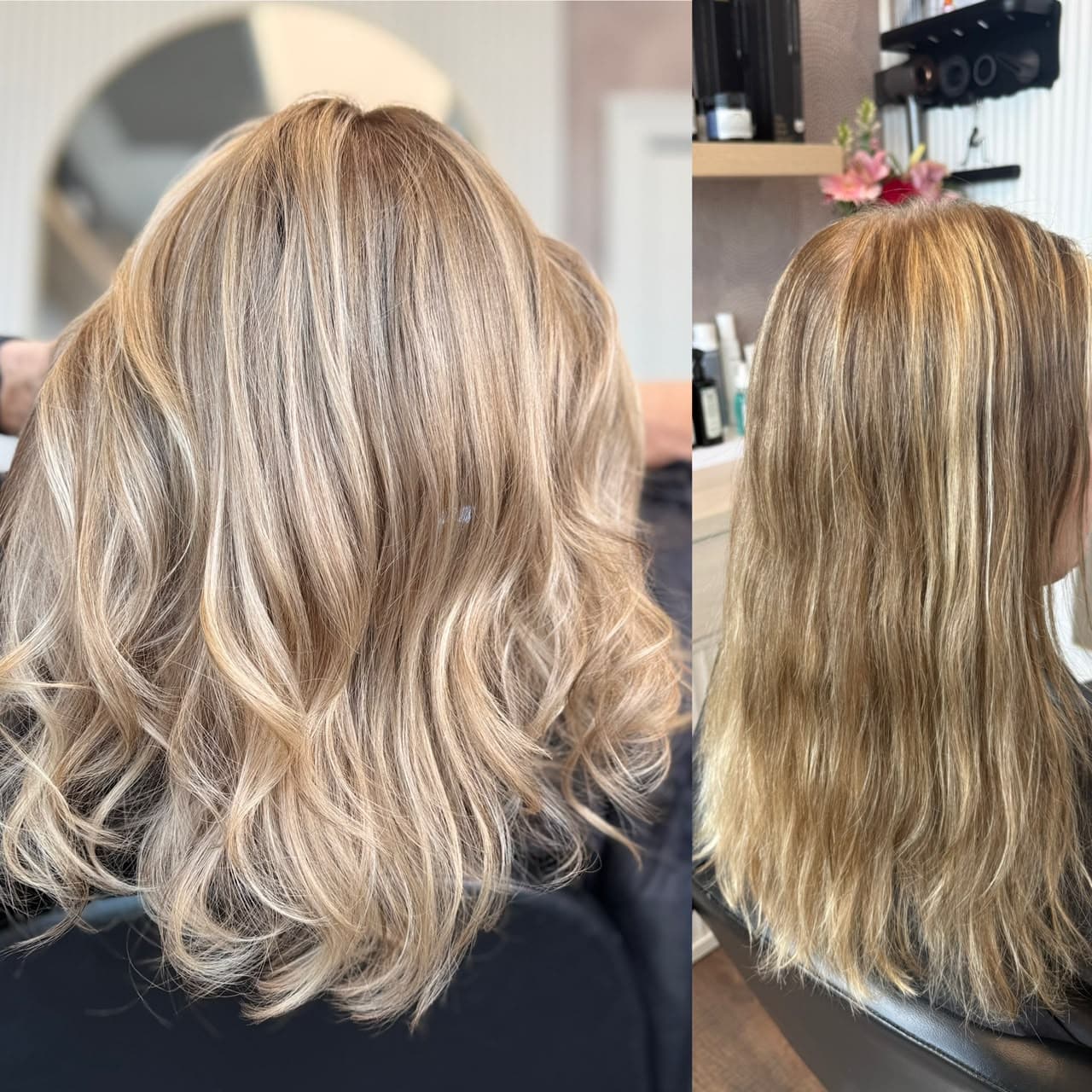 After and before: flat, brassy blonde refreshed into soft, bright beige blonde waves