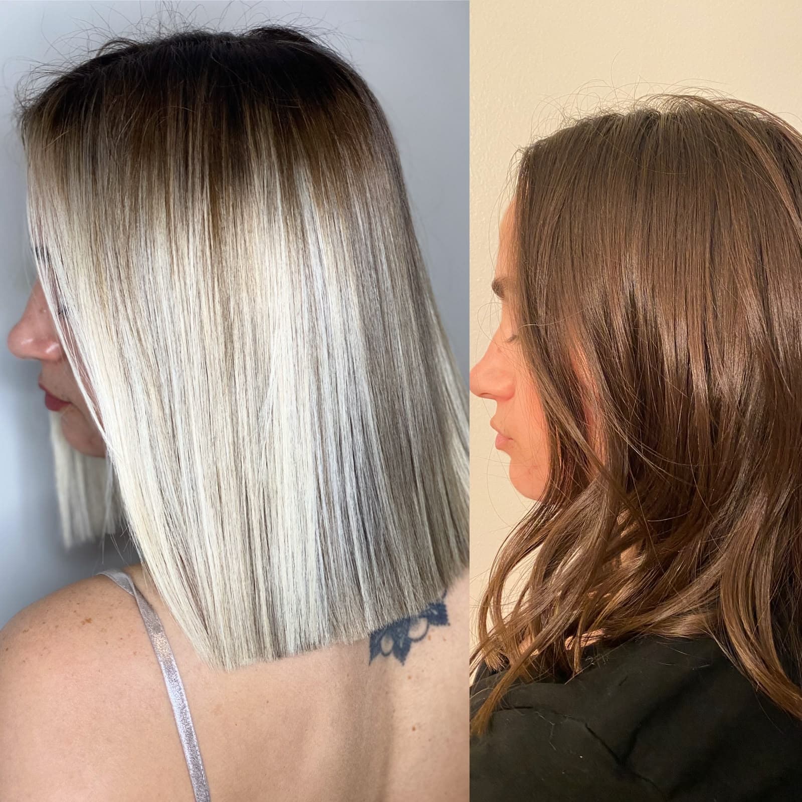 Side by side: a lightened blonde lob and a glossy, rich brunette