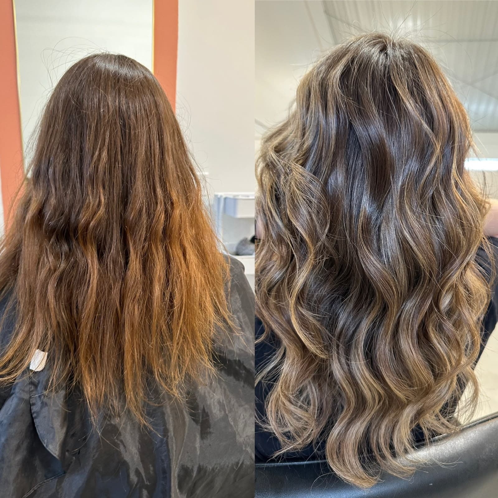 Before and after: brassy orange lengths corrected into glossy, dimensional brunette balayage