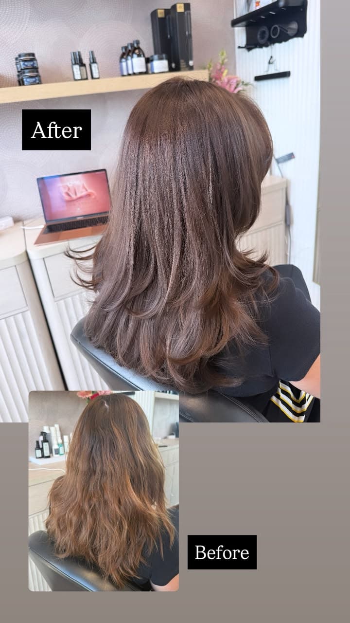 After and before in the atelier: faded brassy lengths turned into a rich chocolate brunette