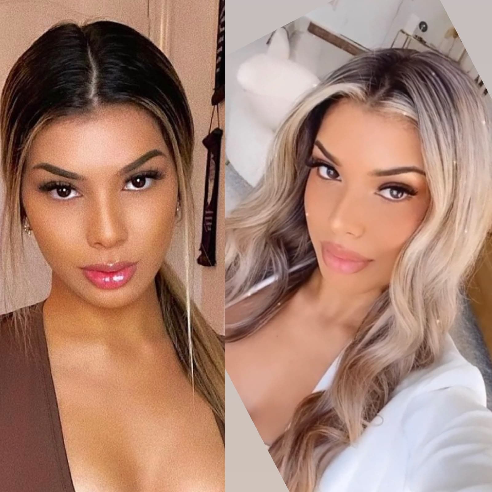 Before and after: dark brunette transformed into a soft, dimensional blonde