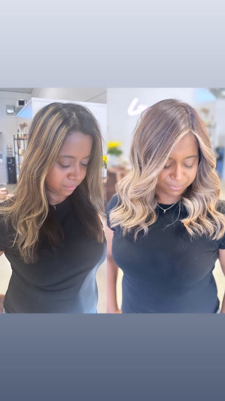 Before and after: chunky highlights blended into a soft, beige blonde balayage